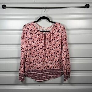 Lucky Brand Womens Pink Purple Paisley Floral Long Sleeve Peasant Top Blouse M